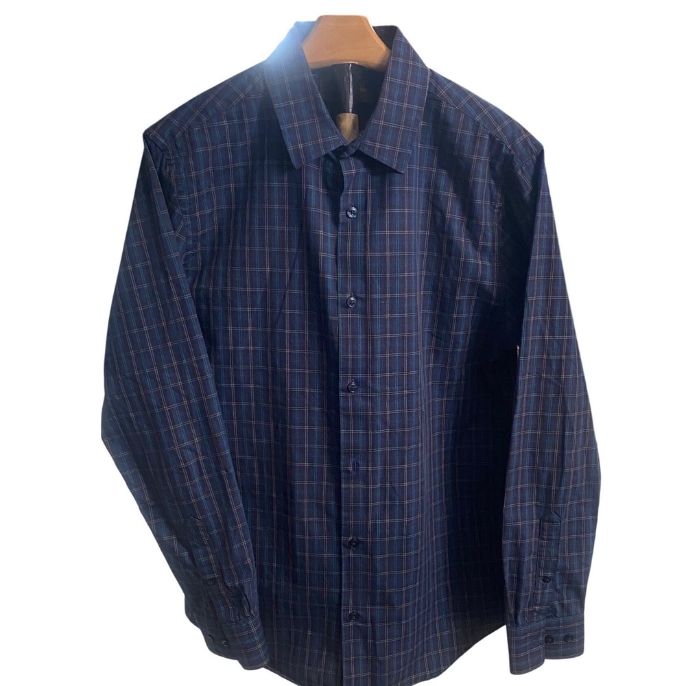Fairlane & Sons Mens Slim Blue Green Tartan Plaid Wrinkle Free Shirt‎ M
